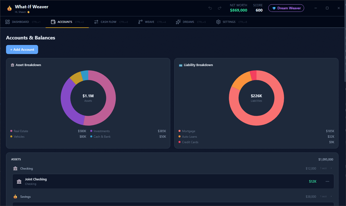 Accounts setup screen for building your real-life baseline