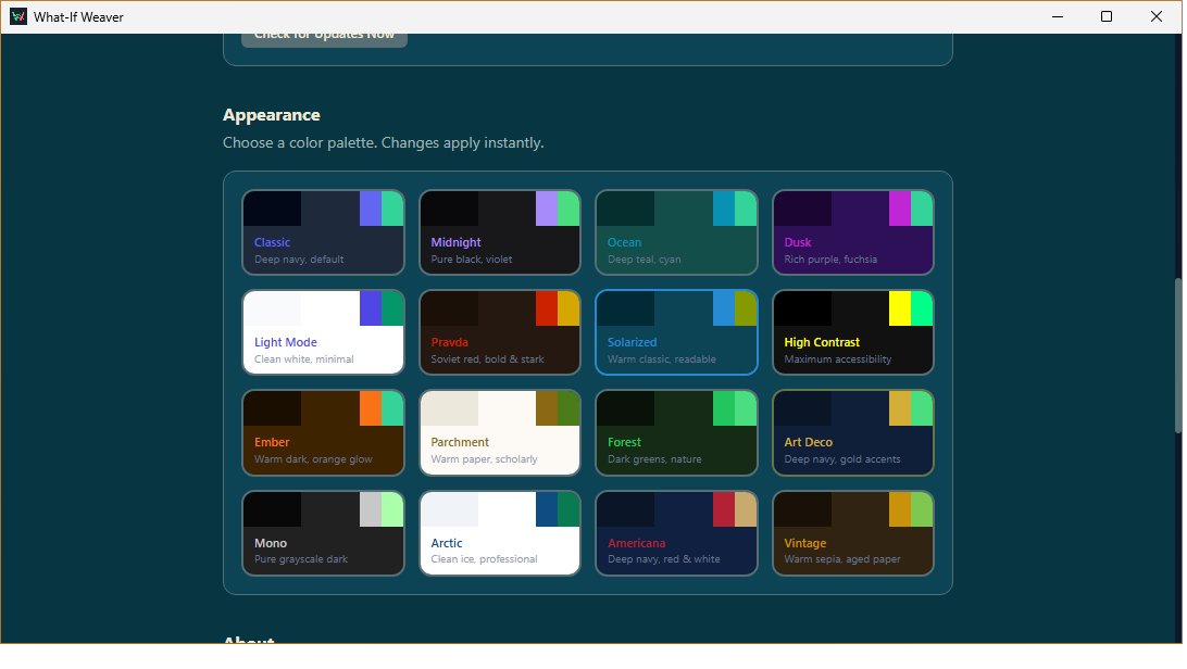 Settings and customization options including theme selection